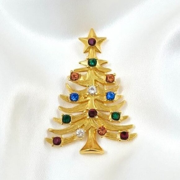 Vintage Eisenberg Ice Christmas Tree Gold-Tone Brooch w/Rhinestones - Picture 1 of 6